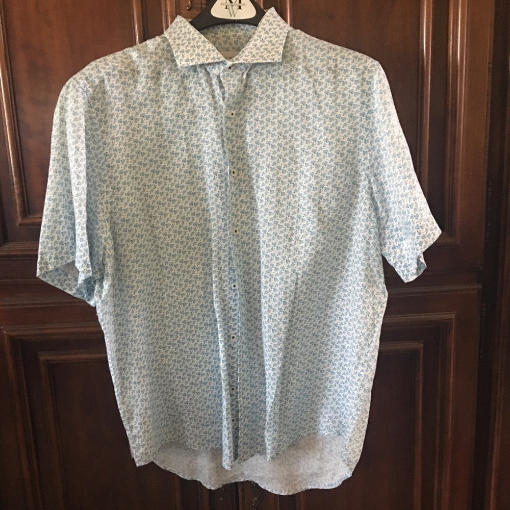 Franco Masoma Men's Linen Blue Print Short-Sleeve Button-Up Shirt Casual XL